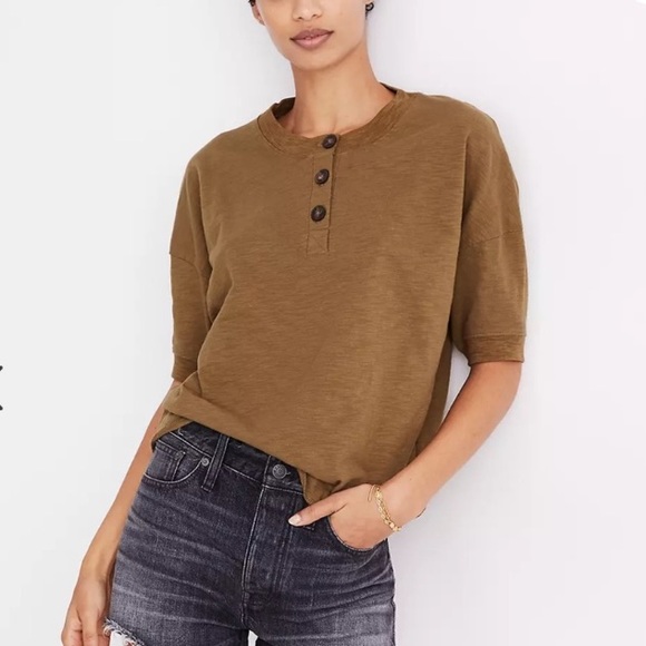 (A7) Madewell raw edge Henley tee, Burnt Orange/Rust in color, Size Small - Picture 9 of 11